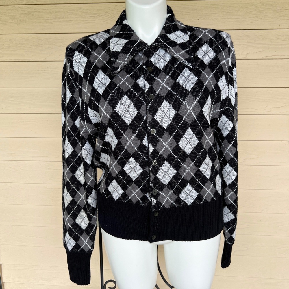 Vintage Don Loper Argyle Cardigan Dagger Collar Black‎ White Gray